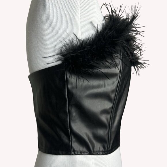 Windsor Marabou Feather Faux Leather Corset Top Strapless Womens L Rocker Edgy - Picture 3 of 9